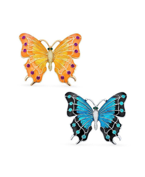 Set of Large Statement Aqua or Red Crystal Accent Two Tone Black Blue Turquoise Color or Yellow Orange Golden Garden Winged Butterfly Brooch Scarf Pin For Women Teens Enamel Gold Plated