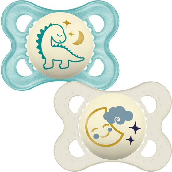 MAM Night Soothers 0+ Months (Pack of 2), Glow in the Dark Baby Soothers with Self Sterilising Travel Case, Newborn Essentials, Blue/White, (Designs May Vary)