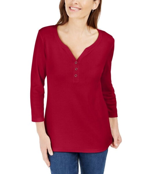 Petite 3/4-Sleeve Henley Shirt, Created for Macy's