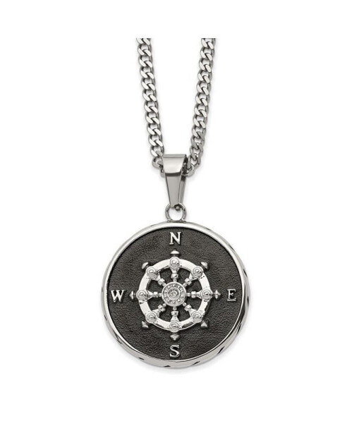 Polished Black IP-plated Compass Pendant Curb Chain Necklace