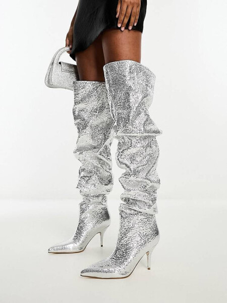 Azalea Wang Seira ruched over the knee boot in silver