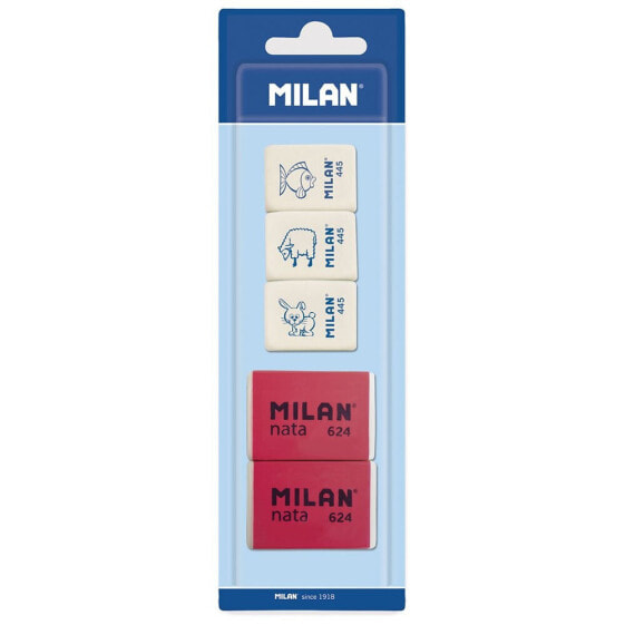 MILAN Blister Pack 3 Synthetic Rubber Erasers 445 + 2 Nata® Erasers