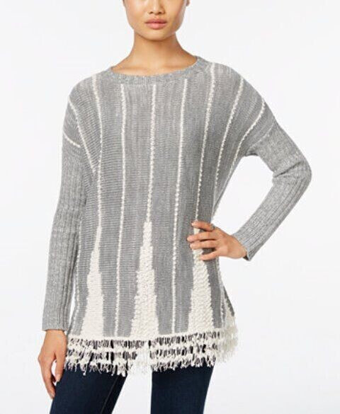 Style & Co Women's Striped Fringe Hem Crew Neck Sweater Heather Grey Combo S