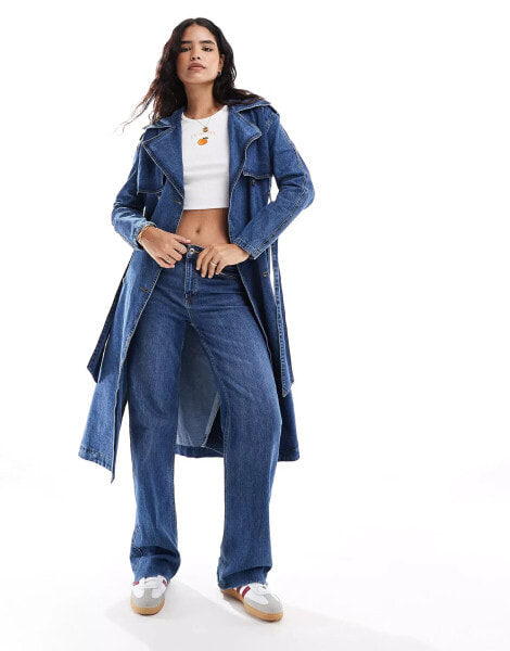 Pimkie denim belted mac in dark blue wash