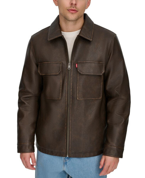 Men's Faux-Leather Zip Utility Shirt Jacket