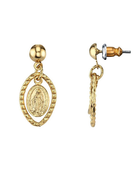 14K Gold-tone Mother Mary Medallion Post Drop Earrings