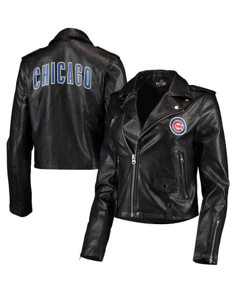 Women's Black Chicago Cubs Faux Leather Moto Full-Zip Jacket