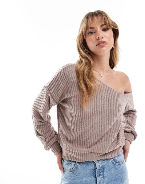 ASOS DESIGN brushed one shoulder slouchy sweatshirt in brown