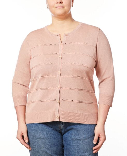 Plus Size Pointelle Knit 3/4-Sleeve Button Front Cardigan