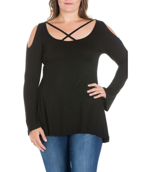 Women's Plus Size Criss Cross Cold Shoulder Top