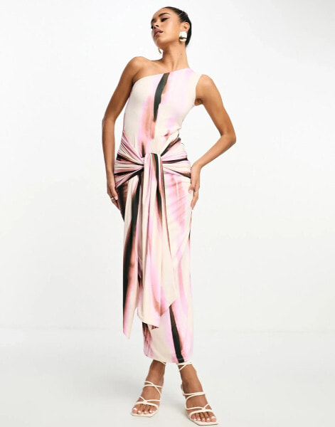 ASOS DESIGN one shoulder extreme knot sash midaxi dress in print