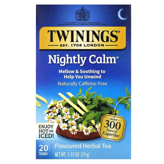 Flavored Herbal Tea, Nightly Calm, Caffeine Free, 20 Tea Bags, 1.02 oz (29 g)