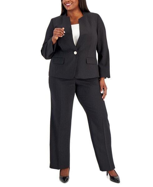 Plus Size Crepe Single Button Jacket & Elastic-Back Pants