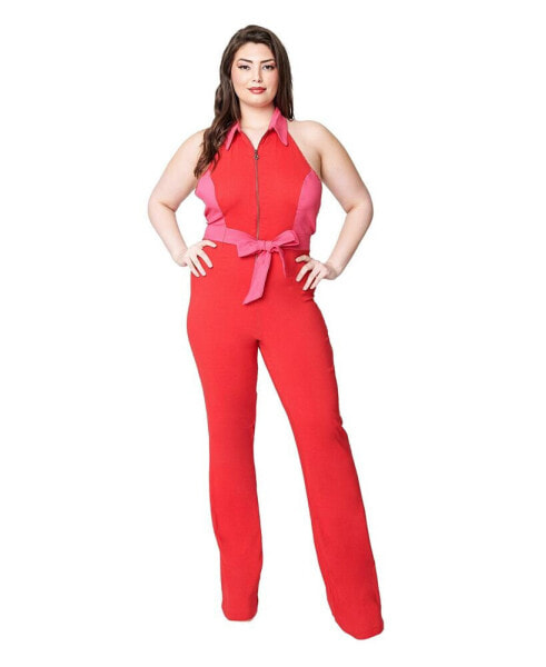 Plus Size Red & Pink Heart Pocket Front Zip Halter Jumpsuit