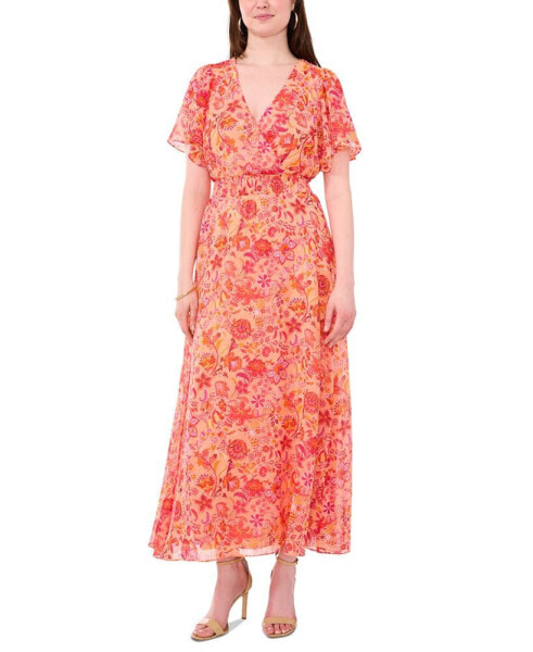 Women's Printed Flutter-Sleeve Smocked-Waist Maxi Dress