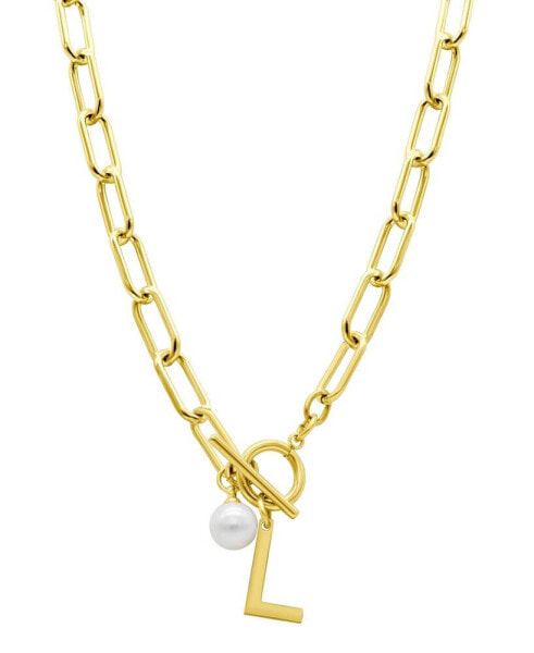 Tarnish Resistant 14K Gold-Plated Freshwater Pearl Initial Toggle Necklace