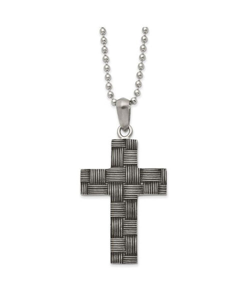 Chisel antiqued Basket Weave Design Cross Pendant Ball Chain Necklace