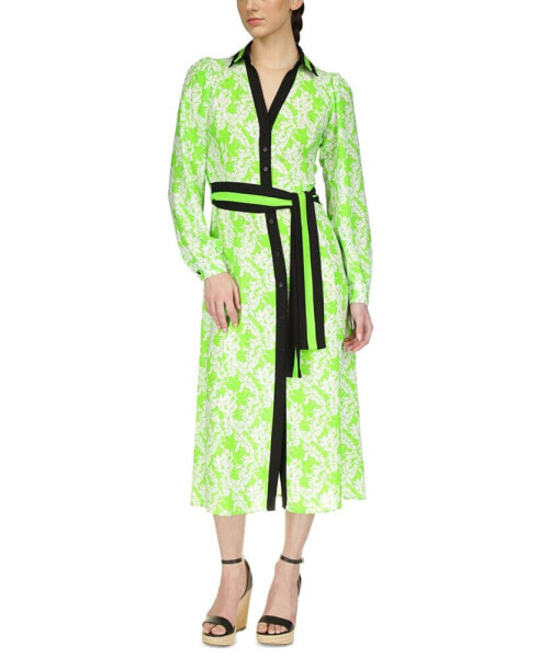 Women's Palm Printed Belted Midi Dress