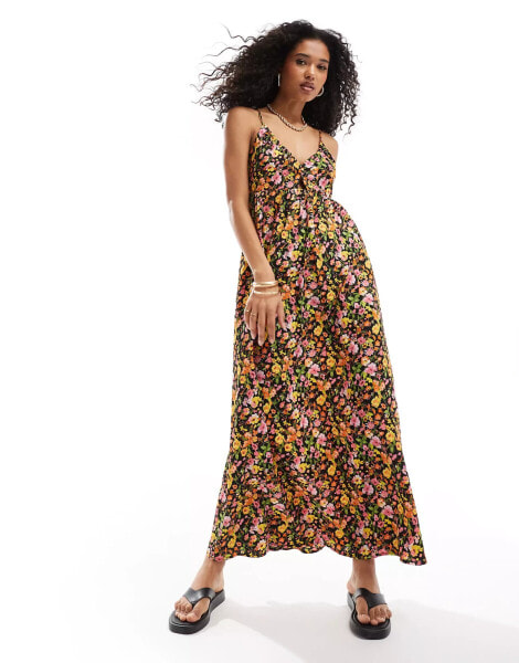 Vero Moda maxi cami dress with cut out in black floral print