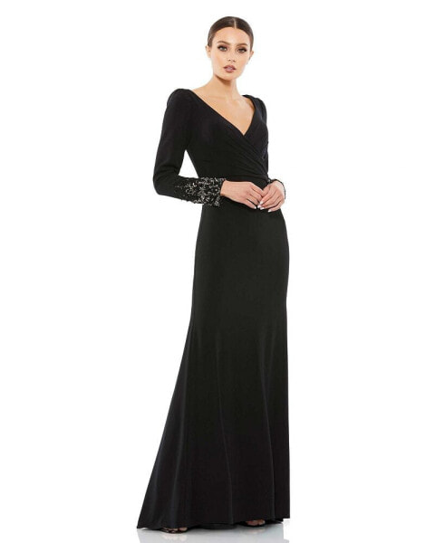 Women's Beaded Cuff Long Sleeve Wrap Over Trumpet Gown