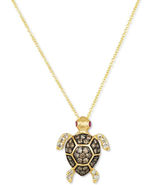 Le Vian diamond (3/8 ct. t.w.) & Passion Ruby (1/20 ct. t.w.) Turtle Pendant Necklace in 14k Gold, 18" + 2" extender