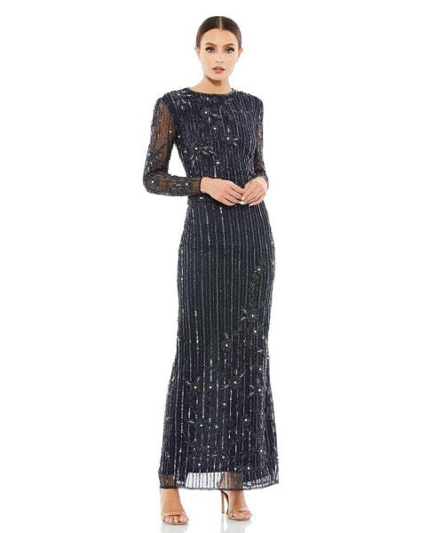 Women's Women's Embellished High Neck Illusion Long Sleeve Gown