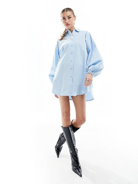 In The Style extreme balloon sleeve shirt mini dress in blue