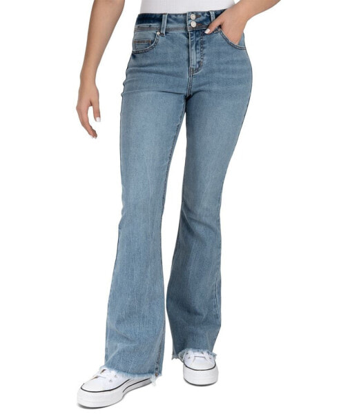 Juniors' High-Rise Double-Button Frayed-Hem Flare Jeans