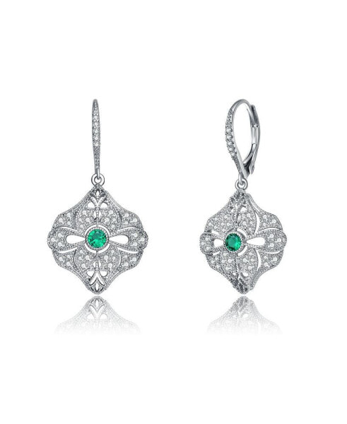 Sterling Silver White Gold Plated with Colored Cubic Zirconia Wreath Drop Earrings