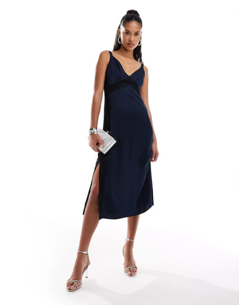 French Connection Ennis satin lace midi dress in navy