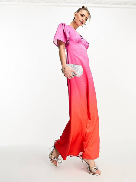 Flounce London flutter sleeve wrap front maxi dress in ombre pink and red