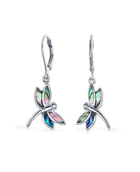 Dainty Butterfly Dragonfly Firefly Garden Rainbow Abalone Iridescent Shell Inlaid Drop Lever back Dangle Earrings For Women Teen .925 Sterling Silver