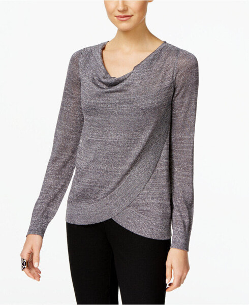 INC International Concepts Women's Long Sleeve Draped Metallic Sweater Silver S