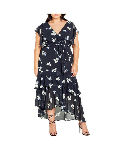 Plus Size Demure V-Neck Flutter Sleeve Floral Maxi Dress
