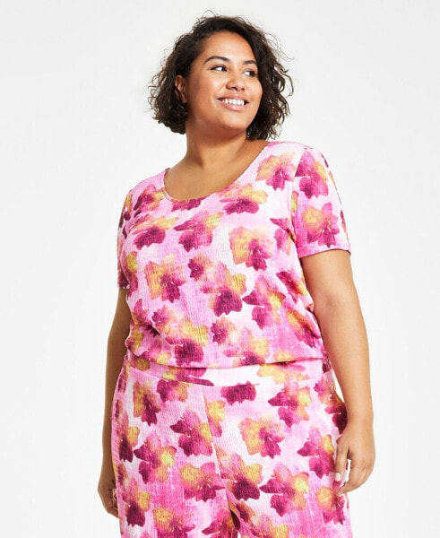 Trendy Plus Size Textured Printed Short-Sleeve Top, Created for Macy's