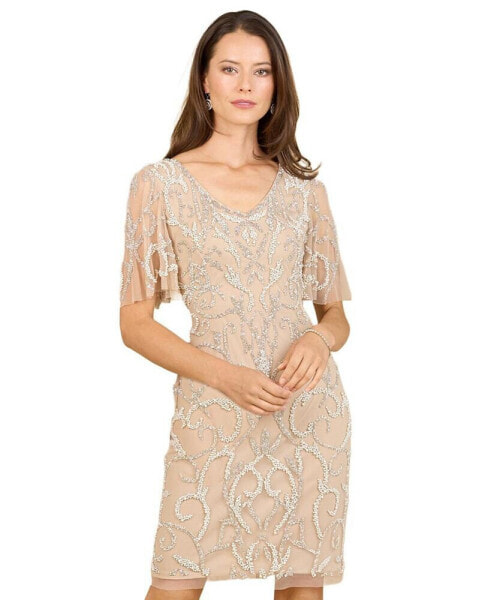Women's Beaded Short Dress with Cape Sleeves