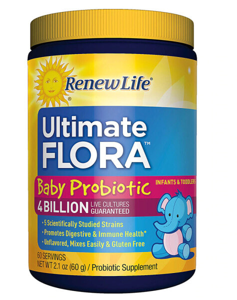 Renew Life Baby Probiotic Ultimate Flora Жидкие пробиотики для малышей способствуют здоровью пищеварительной системы и иммунитета 5 штаммов 4 млрд КОЕ 60 г