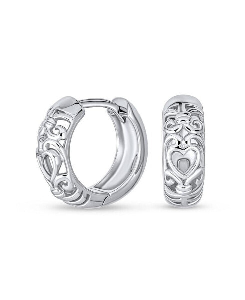 Romantic Open Heart Cut Out Filigree Endless Huggie Small Hoop Earrings For Women Teens Girlfriend Hinged .925 Sterling Silver