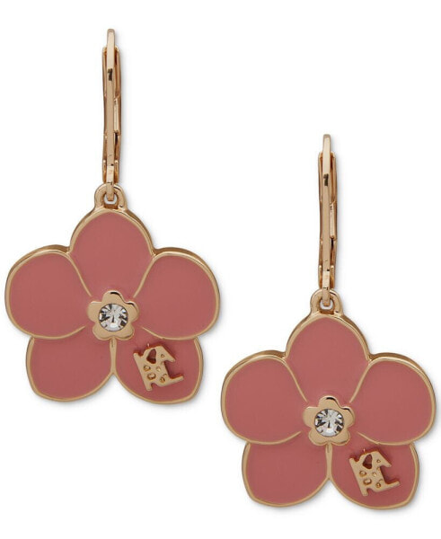 Gold-Tone Pavé Pink Flower Drop Earrings
