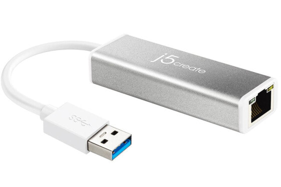 j5create JUE130 USB™ 3.0 Gigabit Ethernet Adapter - Silver and White - Wired - USB - Ethernet - 1000 Mbit/s - Silver - White