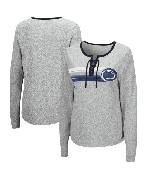 Women's Heathered Gray Penn State Nittany Lions Sundial Tri-Blend Long Sleeve Lace-Up T-shirt