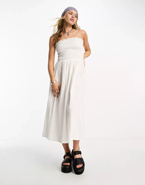 COLLUSION shirred bodice maxi summer smock dress in white