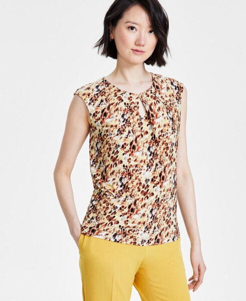 Petite Printed Pleated Keyhole-Neck Knit Top