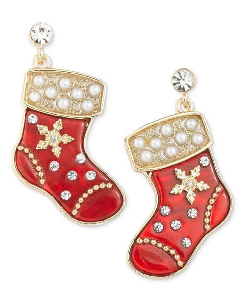 Gold-Tone Pavé & Imitation Pearl Stocking Drop Earrings, Created for Macy's