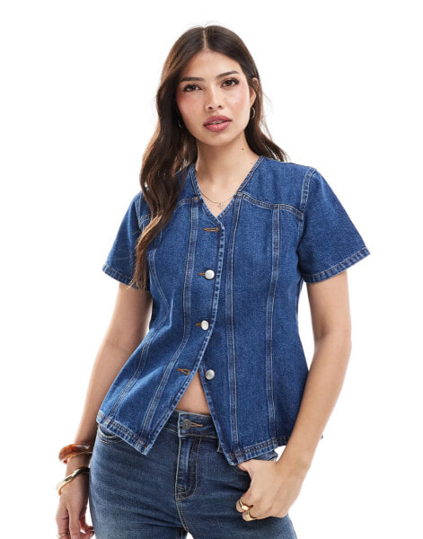 ASOS DESIGN denim button through short sleeve top in dark indigo