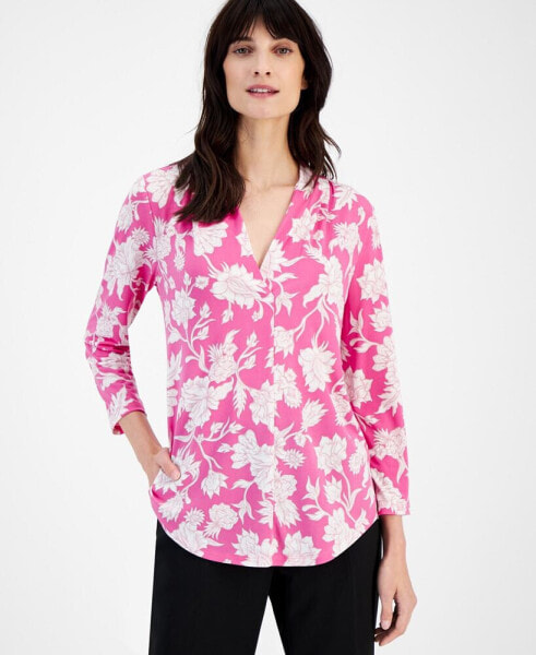 Women's Floral-Print 3/4-Sleeve V-Neck Top, Created for Macy's