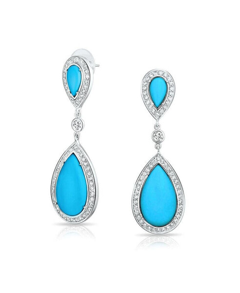 Blue Pear Shaped CZ Halo Simulated Turquoise Statement Dangle Chandelier Teardrop Earrings For Women Rhodium Plated Brass
