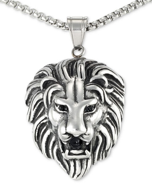 Black Agate Lion Head 24" Pendant Necklace in Stainless Steel