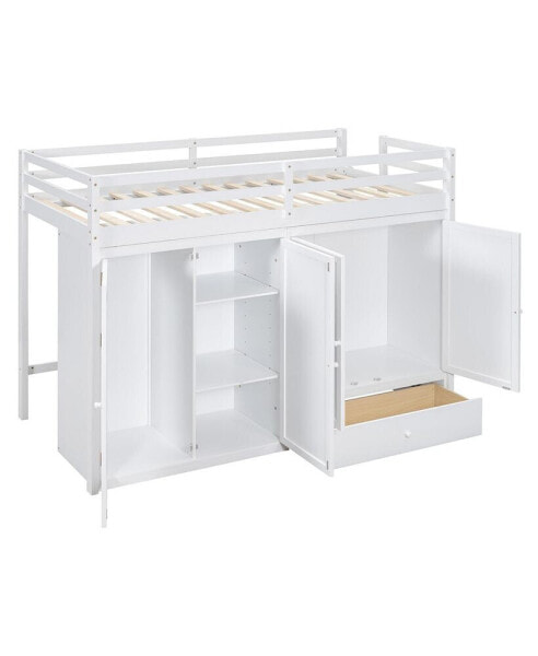 Twin size Loft Bed with Drawer, Two Wardrobes and Mirror, Gray