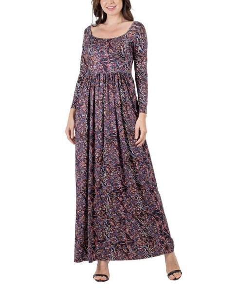 Women's Floral Long Sleeve Pleated Maxi Dress